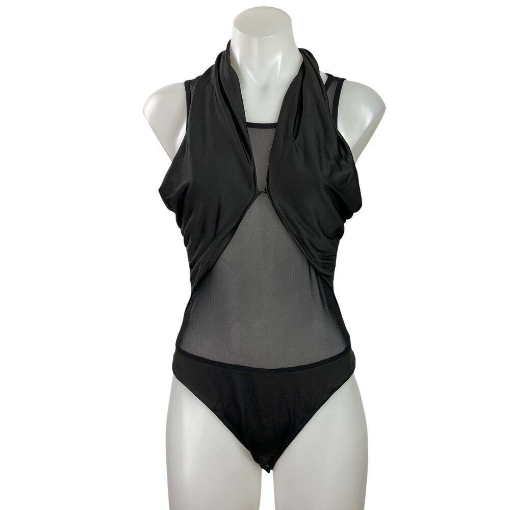 Superdown Women's Black Sleeveless Sheer Mesh Draped Cowl Neck Bodysuit Top Sz S
